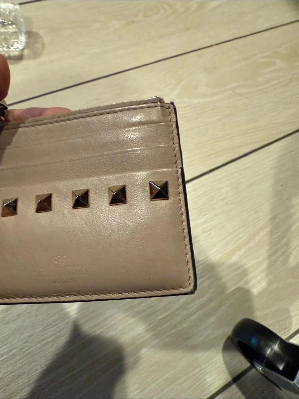 PRELOVED Valentino Stud-Accent Leather Card Wallet in Taupe